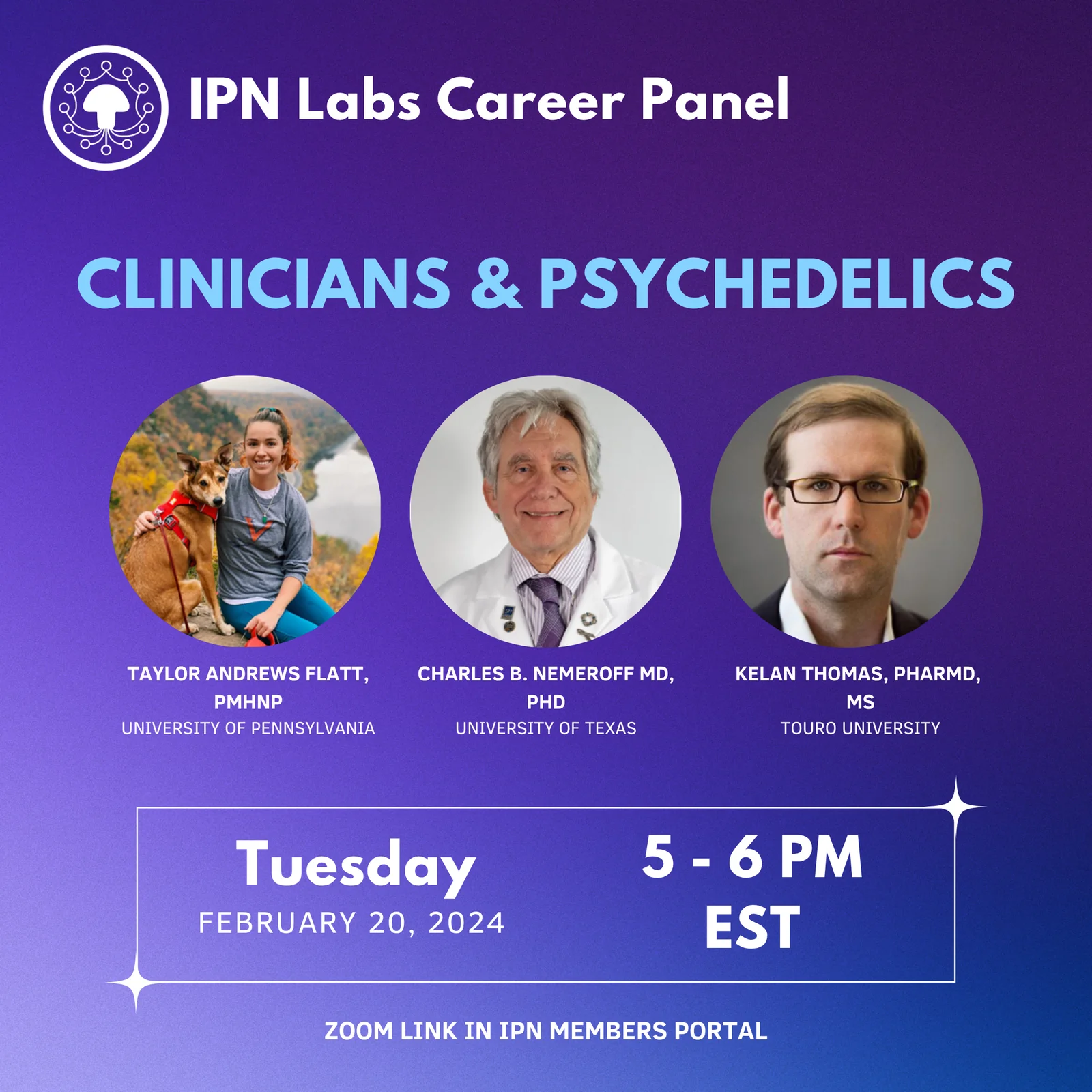Taylor Andrews Flatt, PMHNP-BC; Dr. Charles B. Nemeroff, MD, PhD; Dr. Kelan Thomas, PharmD, MS – Clinicians and Psychedelics promo