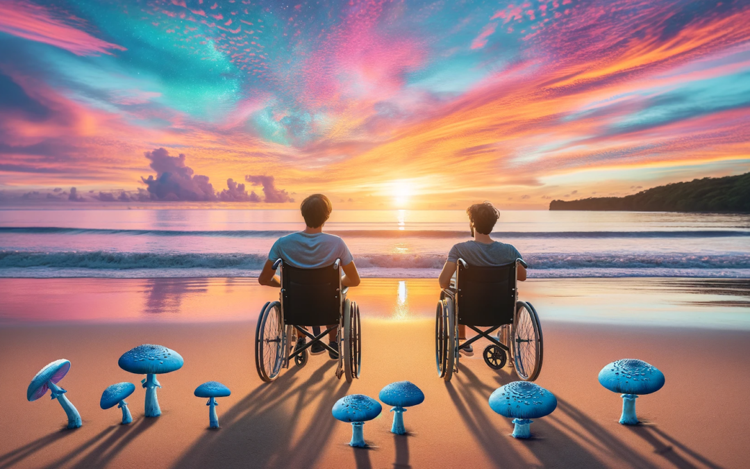 Two young men watching a beautiful pastel sunset at an ocean shore from wheelchairs with mushrooms unrealistically growing from the beach